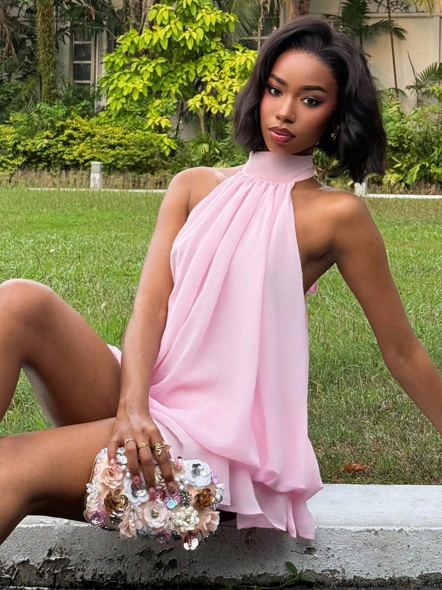Mima John Women's Elegant Light Yellow Halter Tie Mini Dress Party - Baby Pink - View 1