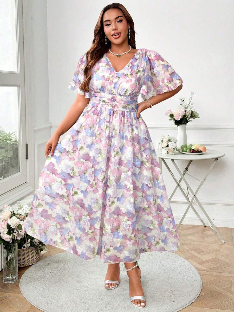 Roveilla Plus Size Elegant Floral Print Dress, Summer - Mauve Purple - View 1