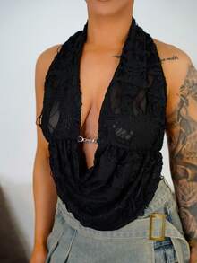 SAYEHFBABY Top de tirantes sin espalda con cuello profundamente drapeado para mujer - Negro - Ver 3