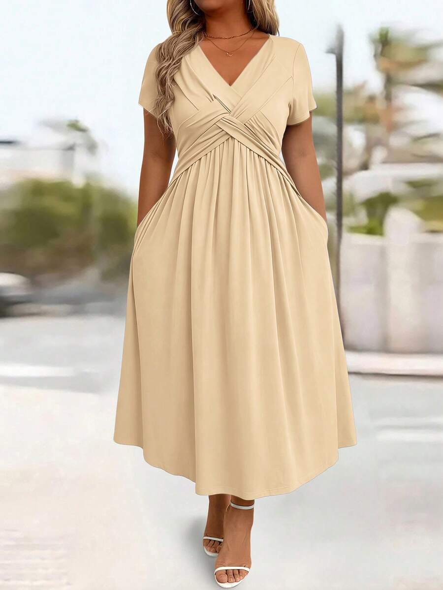 EMERY ROSE Plus Size Casual Solid Color V-Neck Cinched Waist Slant Pocket Sundress For Summer, For Thanksgiving Maxi Women Outfit - Apricot - View 1