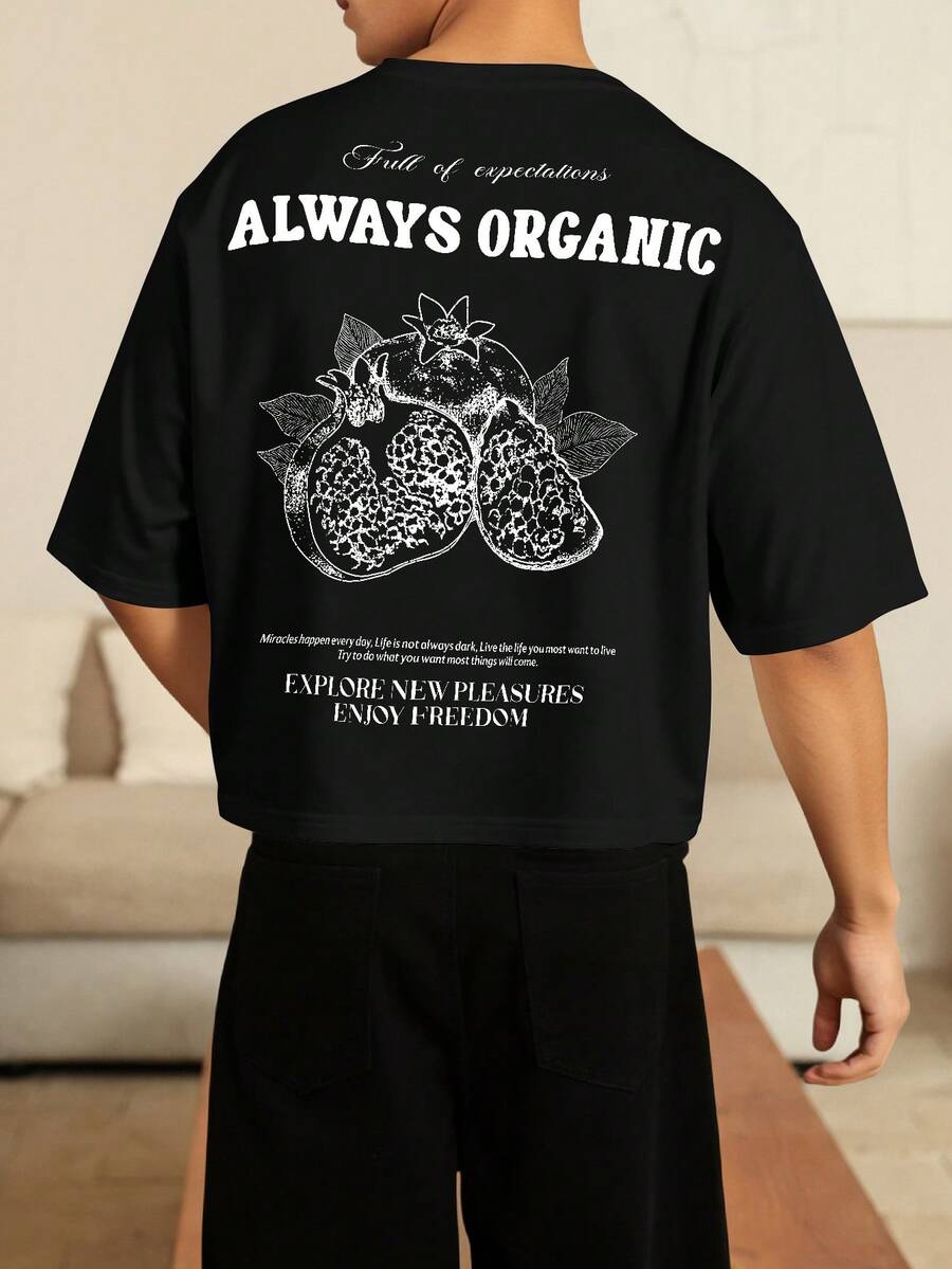 STEELVANCE Men's Casual Pomegranate Slogan Print T-Shirt, Summer - Black - View 1