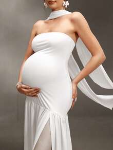 Cheriluna Maternity Robe de maternité longue fendue fluide sans bretelles de couleur unie pour séance photo - Blanc - Voir 8