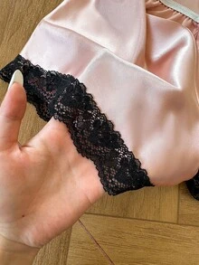 SilkySpell Bộ 4 món đồ ngủ nữ gợi cảm cổ chữ V, dây mảnh, áo choàng dài tay, áo hai dây buộc eo và quần short, màu hồng, phù hợp mọi mùa, viền ren. - Hồng - Xem 4