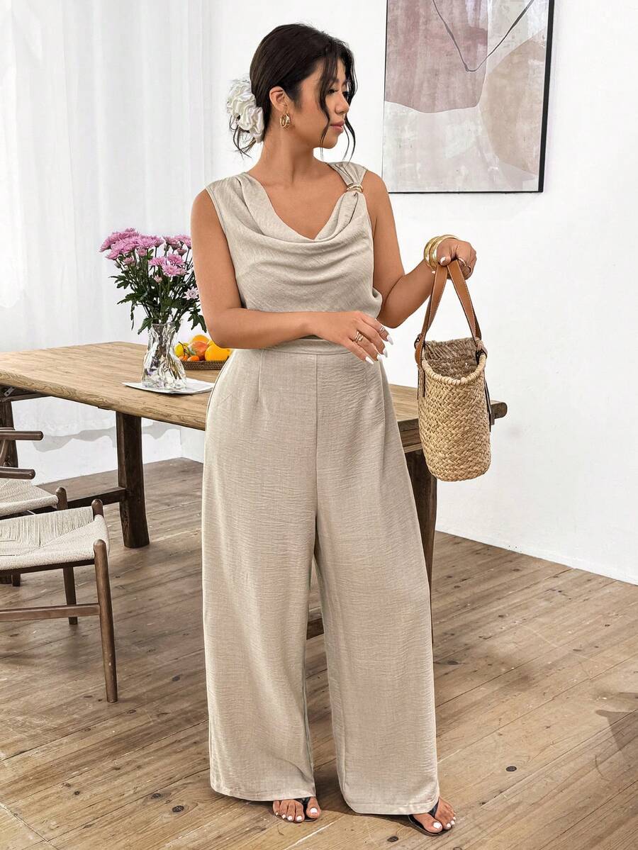 Lounesse Plus Size Women's Hooded Jumpsuit With Side Metal Buckle, Apricot Color Work Outfits Women Work From Home Outfits Spring/Summer Casual Vacation Jumpsuit For Women - Apricot - View 1