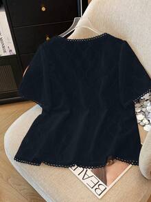 SHEIN LUNE Plus Size Elegant Jacquard Knit Lace Trim Casual Commuter Jacket & Pants Set, Suitable For Party, Afternoon Tea, Spring & Summer - Navy Blue - View 2