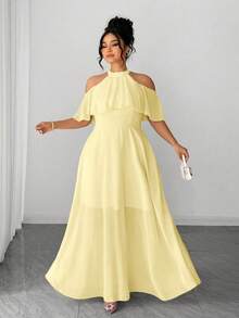 Elenzga Women's Plus Size Pale Yellow Plain Woven Fabric Halter Cold Shoulder Long A Line Elegant Prom Dress - Pale Yellow - View 4