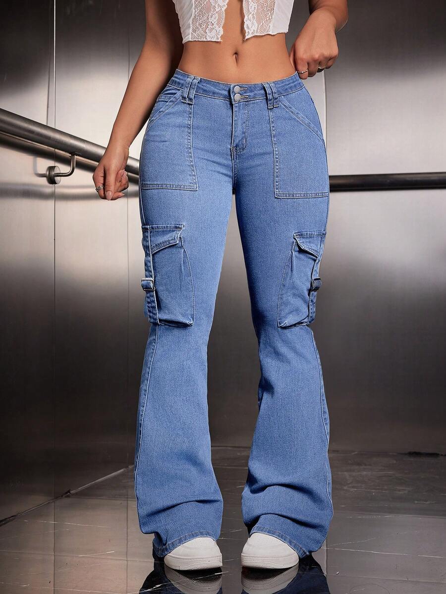 SHEIN ICON Women's Solid Color Retro Cargo Denim Flare Pants - Medium Wash - View 1