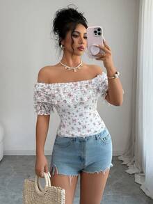 Elenzga Women's Elegant Off Shoulder Lace Floral Print Ruffle Trim Versatile Short Sleeve T-Shirt, Spring/Summer - Multicolor - View 3