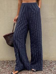 Livesso 女士休闲条纹阔腿裤 - 黑色 - 查看 6