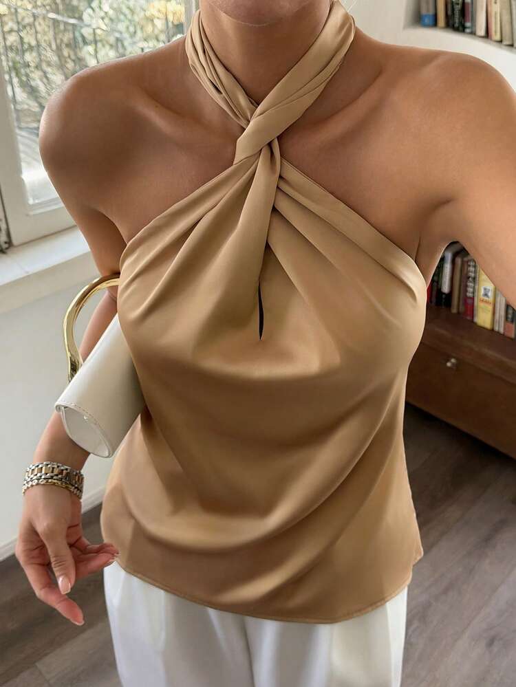 Women's Twist Halter Neck Fitted Gold Camisole