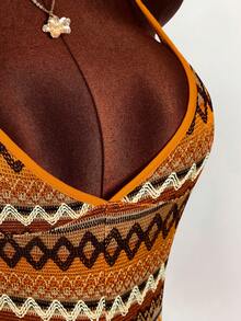 Amplova Spaghetti Strap Triangle Cup Textured Bohemian Style Backless Criss-Cross Strap Bodycon Romper - Orange - View 7