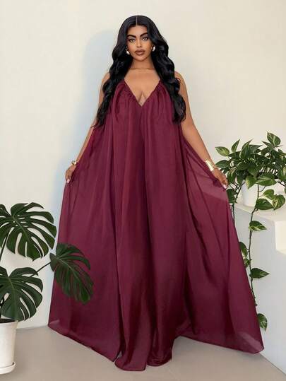 Maweii 大码性感V领系带露背度假连衣裙