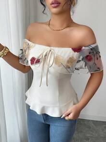 SHEIN Elenzya 优雅女士玫瑰花卉网纱拼接露肩上衣，适合情人节、约会、日常穿着、度假、春夏穿着 - 杏色 - 查看 3