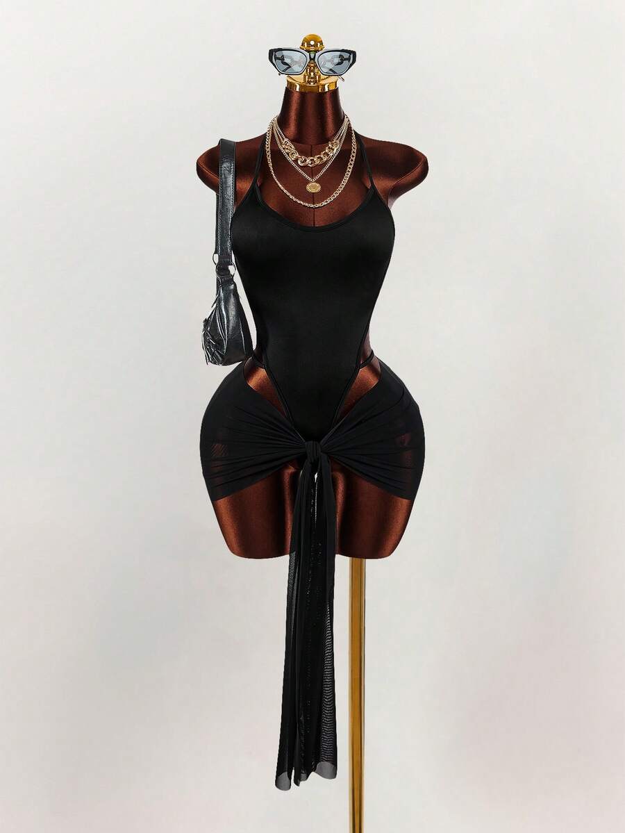 Amplova Bộ jumpsuit gợi cảm cổ chữ V xẻ sâu mới về dành cho nữ - màu đen - Xem 1