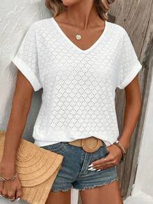 Selamara Camiseta básica casual de mujer con cuello en V y puños vueltos, con estampado de lunares en jacquard blanco - Blanco - Ver 3