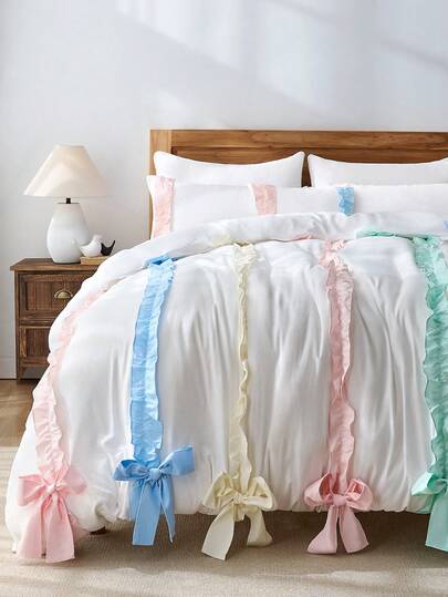 3Pcs Korean Ruffle Edge Bedding Quilt Cover Set, Including 1 Quilt Cover And 2 Pillowcases (Without Any Core)