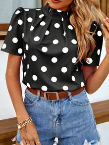 EMERY ROSE Women's Polka Dot Print Ruched Collar Short Sleeve Blouse, Spring/Summer Polka Dot Top - Black - View 5