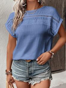 Breezaya Solid Color Round Neck Short Sleeve Embroidered Laser Cut Loose Summer Shirt - Medium Wash - View 4