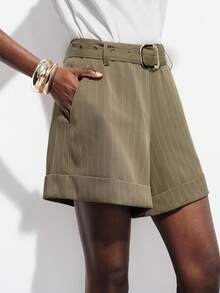 Aveloria Modichic Women's Pinstripe Suiting High Waisted A-Line Shorts With Matching Belt,Khaki,Summer,Chic,Office Business Casual Retro Cuffed Hem Invisible Zipper - Khaki - View 4