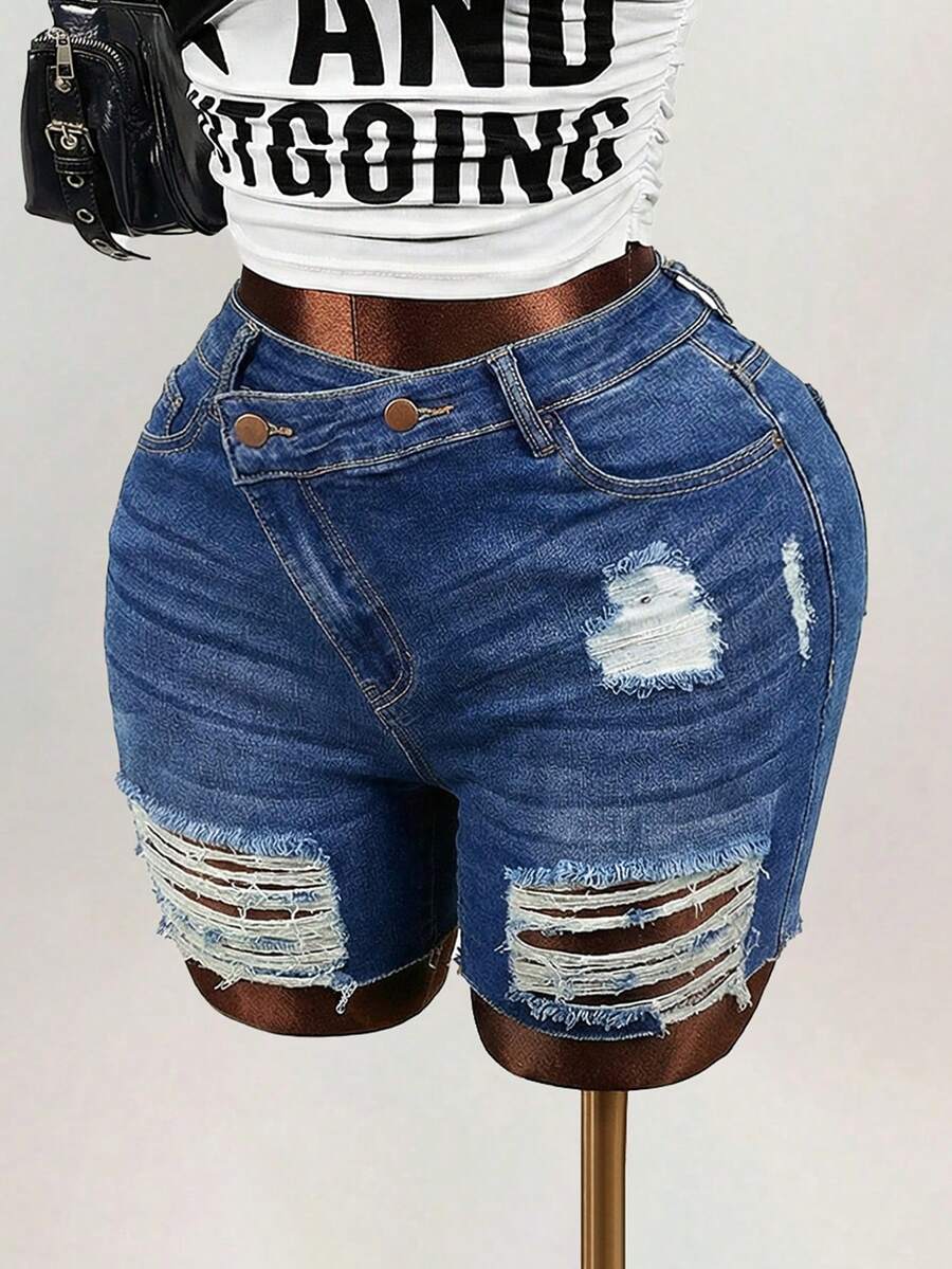 Mistrie Women's Casual Pocketed Button Distressed Denim Shorts, Versatile For Daily Wear Work Shorts Work Shorts For Women Y2k Summer Clothes Y2k Low Rise Jeans Xrlq9 Ladies Clothes - Blue - View 1