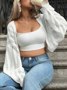 INAWLY Solva Áo khoác cardigan dệt kim nhẹ, tay cánh dơi khoét lỗ dành cho nữ cỡ lớn - trắng - Xem 4