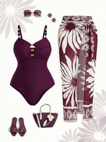 Swim Oasis Plus Size One-Piece Swimsuit Women Black Floral Print Long Dress Style - Purple - View 1