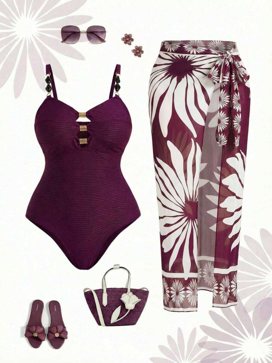 Swim Oasis Plus Size One-Piece Swimsuit Women Black Floral Print Long Dress Style - Purple - View 1