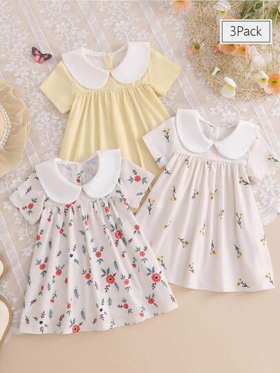 SHEIN Vintaside Kids 3pcs/Set Baby Girls' Cute Floral Patchwork Peter Pan Collar Dress Set, Suitable For Home, Casual, Outdoor, Social Occasions