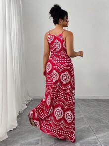Elenzga Plus Size Casual Retro Printed Summer Spaghetti Strap Dress, Party Dress, Outdoor Outfit - Red - View 2