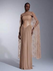 Elitara Elegant, lyxig och mångsidig klänning i läderpatchwork med elastisk stickad mesh och spets, rynkad med avtagbara paljettärmar och fiskbenskant, lämplig för bröllop, fester, semestrar, galor och formella evenemang. - Kaki - Visa 5