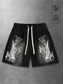 ROMWE MEN 街头时尚印花抽绳男士短裤 - 黑色 - 查看 7