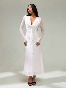 SHEIN PETITE Đầm lưới nữ cổ khoét sâu, mặt dây chuyền, viền bèo nhún, thích hợp cho tiệc tùng hoặc Giáng sinh. - trắng - Xem 4