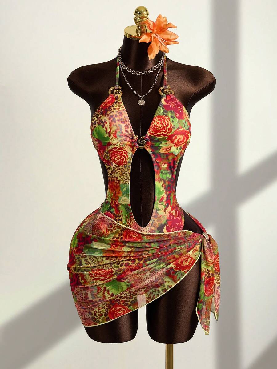 Zestiva 2pcs Women's Spring/Summer Beach Leopard Print Hollow Ring Swimsuit And Cover-Up Dress Set - Multicolor - View 1