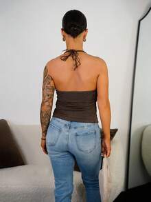 SAYEHFBABY Áo hai dây cổ yếm đính hạt cho kỳ nghỉ của phụ nữ - Cà phê nâu - Xem 2