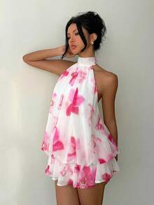 Aloruh Abito mini elegante da donna con stampa floreale e collo a canottiera, abito mini in chiffon con collo a canottiera e schiena scoperta, abito mini da vacanza - Multicolore - Visualizzare 5