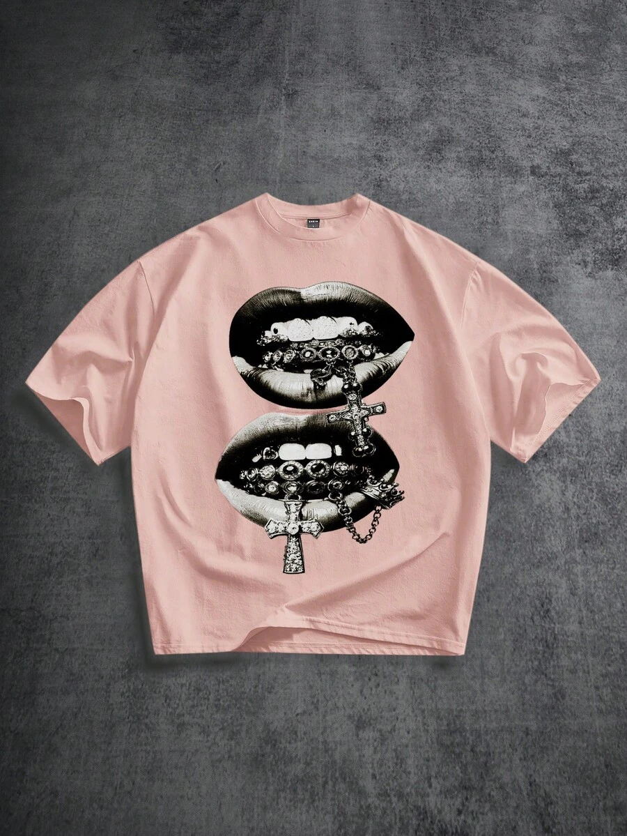 Manfinity ZONE917 Áo thun ngắn tay nam in hình môi đào, kiểu dáng thường ngày. - Hồng - Xem 1