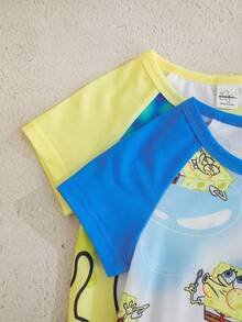 SpongeBob SquarePants | SHEIN 男婴休闲卡通印花连体衣，夏季 - 黃色 - 查看 4