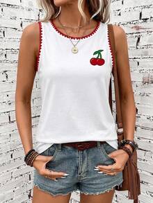 SHEIN LUNE 刺绣樱桃图案无袖上衣，撞色滚边，休闲简约设计，适合夏季女性穿着 - 彩色 - 查看 5
