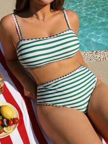 Swim Vcay Bộ bikini và quần tam giác kẻ sọc phong cách thường ngày dành cho nữ cỡ lớn, thích hợp mặc đi biển mùa hè. - màu xanh lá - Xem 5