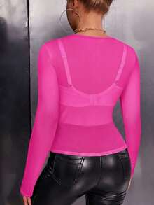 SHEIN SXY 女款純色網紗長袖透視修身上衣 - 玫紅色 - 查看 2