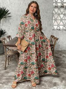 SHEIN LUNE Vintage Floral Casual Minimalist Elegant Plus Size Dress, Suitable For Vacation - Multicolor - View 6