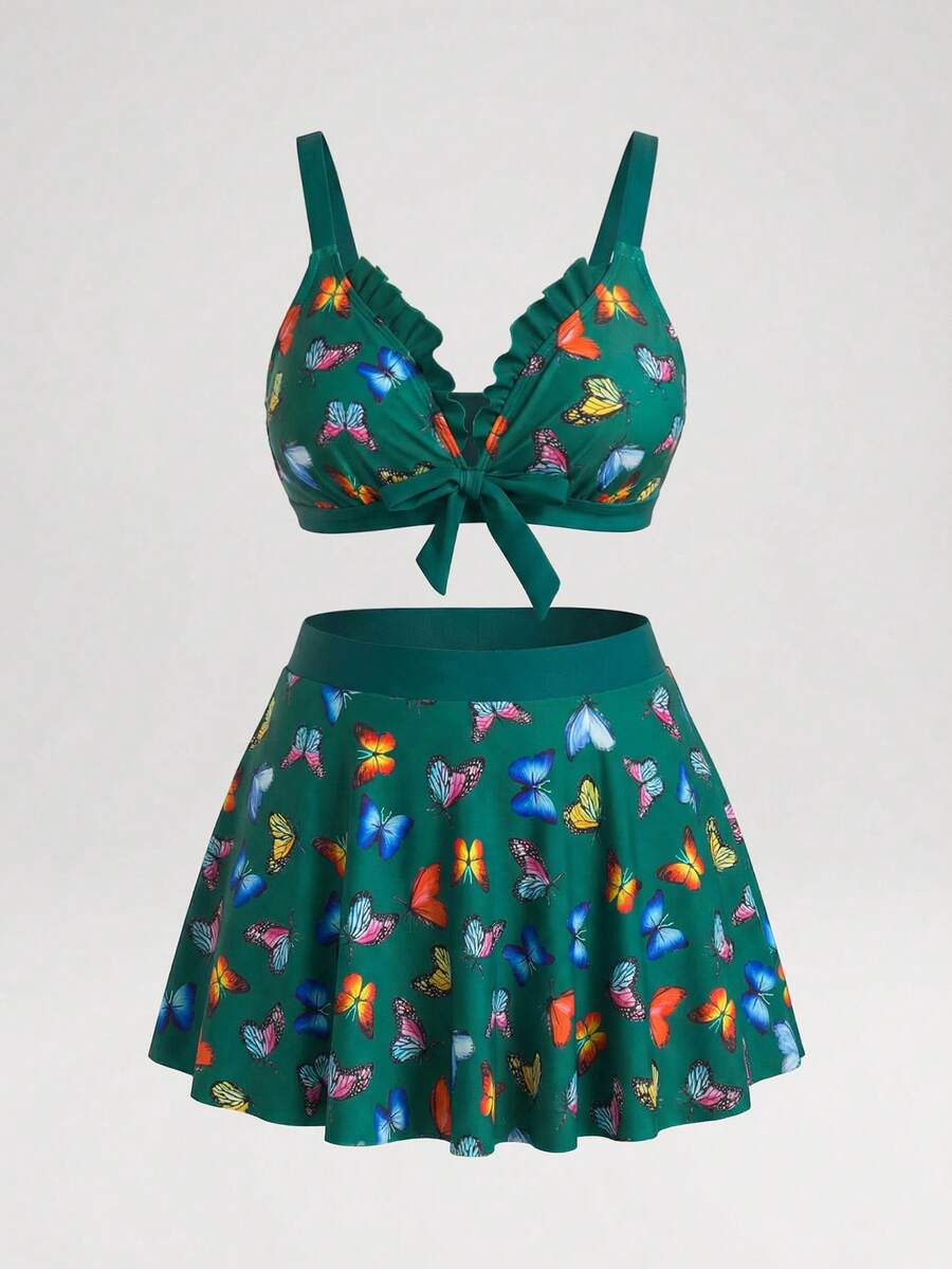 Sweetra CURVE 2pcs/Set Plus Size Women Butterfly Print Flounce Hem Tankini Swimsuit Set, Casual Vacation Daily Wear For Summer - Green - View 1