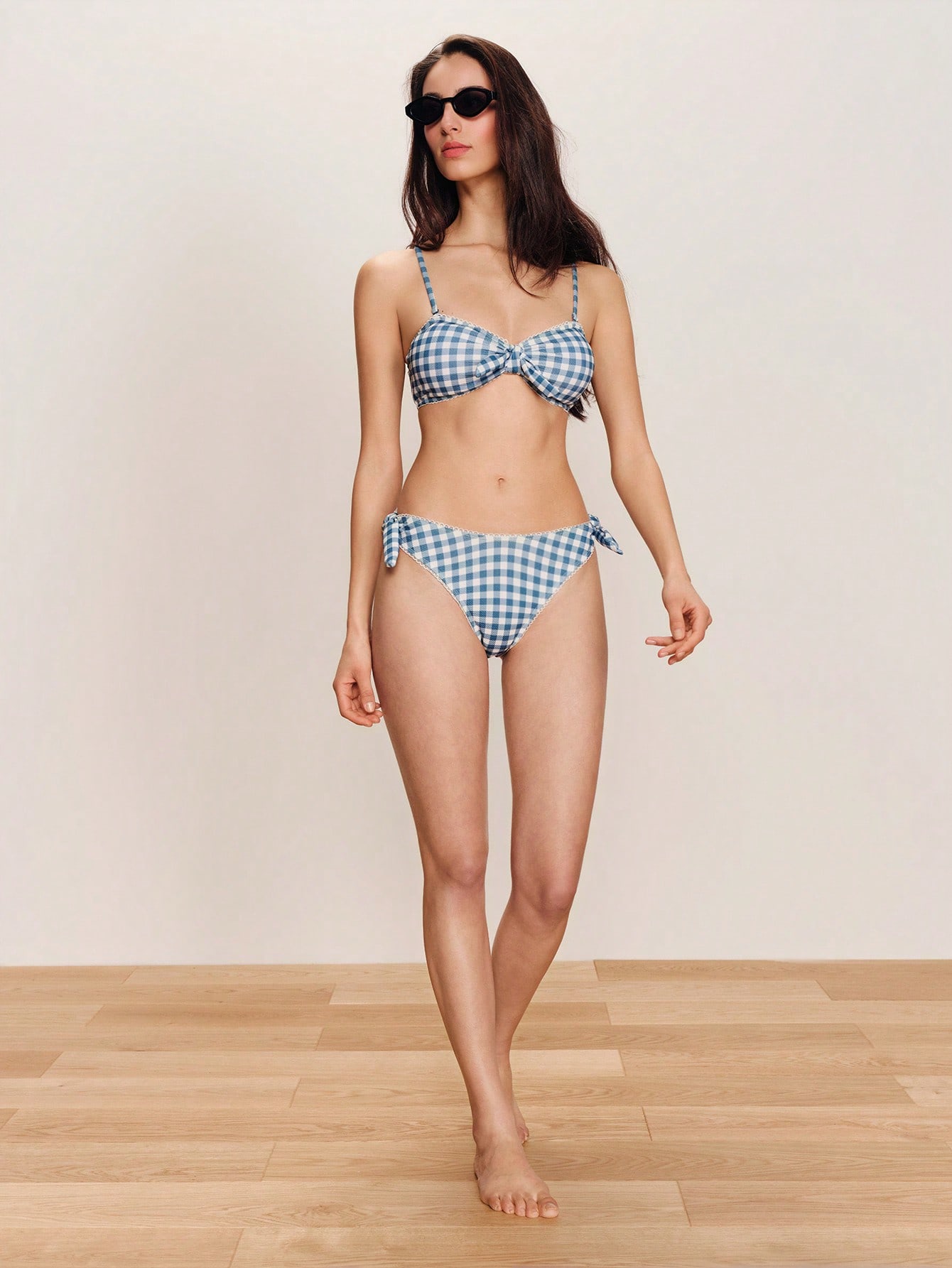Two Pieces Strapless Tie-Side Bikini Navy Blue Gingham Casual And Vacation Holiday Spring Spring Summer French Style Parisian Style Check Print Swimwear Vintage Beachwear Resort Outfit Bikini Gingham 2 Piece Set Gingham Bikini Push Up Swimsuits For Woman
