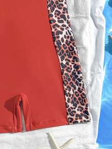 SHEIN 女童豹纹撞色拉链后背插肩袖连体泳衣，适合冲浪、运动、夏季、海滩、泳池、度假 - 彩色 - 查看 5