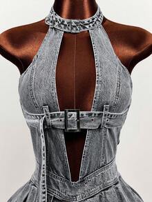 Mistrie Đầm denim nữ gợi cảm cổ yếm khoét rỗng với thiết kế khóa cài. - màu đen - Xem 5