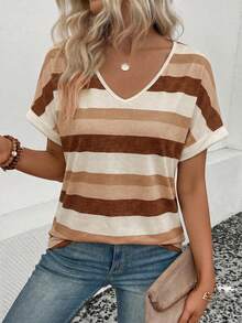 SHEIN Camiseta casual versátil de mujer con cuello en V a rayas y manga corta - Multicolor - Ver 4