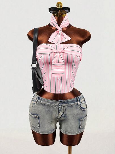 Mistrie Casual Pink Striped Off-The-Shoulder Strappy Corset (With Wrinkled Details On The Back) - Suitable For Street Style And Casual Dates.