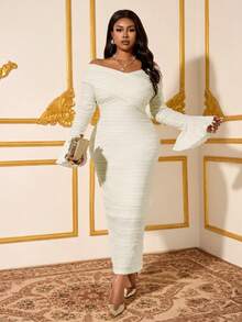 Fleurora 春夏秋冬优雅通勤复古情人节酒会海滩白色针织提花重叠领铅笔荷叶边袖中长袖大码连衣裙 - 米色 - 查看 5