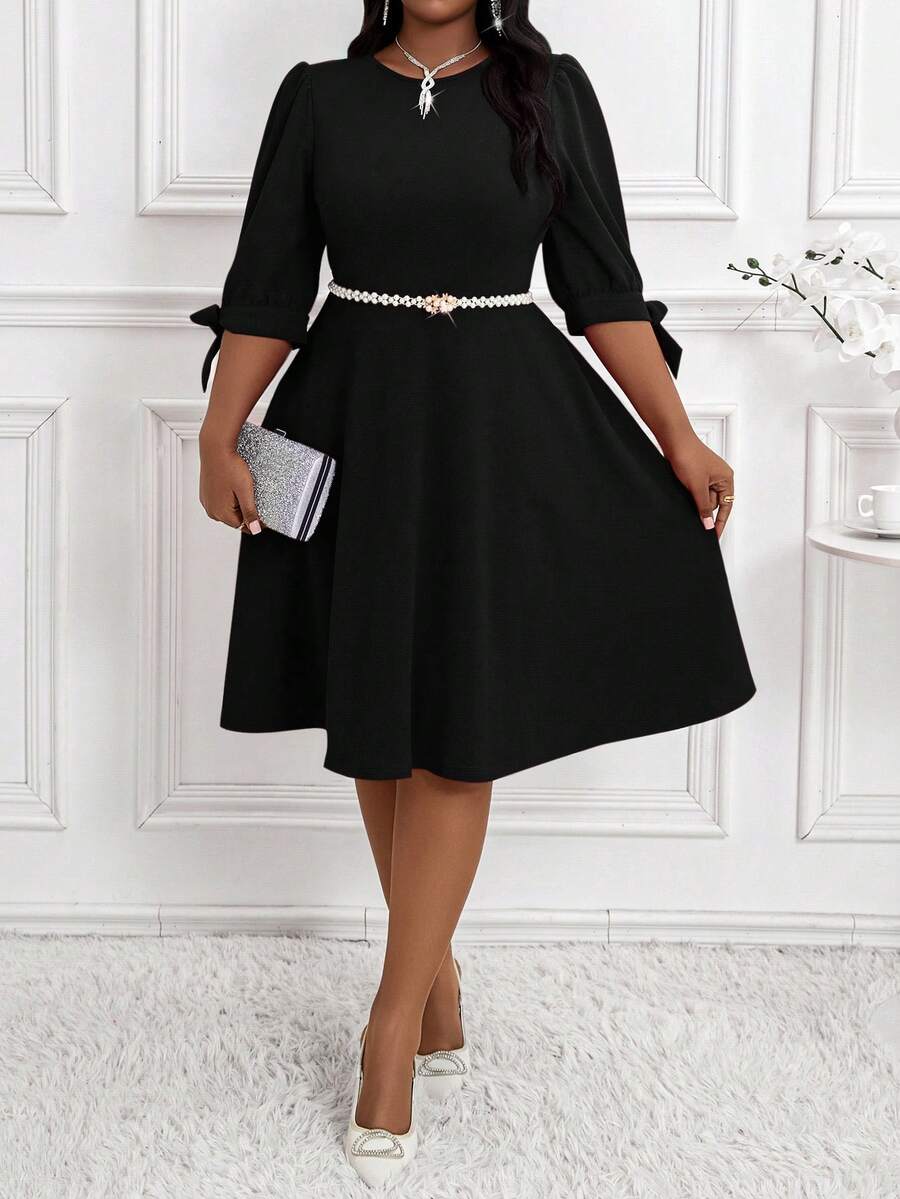 SHEIN Lady 春夏秋冬优雅派对通勤婚礼情人节鸡尾酒会办公室红色针织圆领喇叭羊腿袖蝴蝶结中长七分袖大码连衣裙新年装节日服装节日连衣裙节日派对连衣裙新年夜连衣裙新年连衣裙新年派对 - 黑色 - 查看 1
