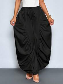 SOLERSUN Women's Black Summer Casual Vacation Pants,Fashionable Wide-Leg Loose Fit,Pleated Design,Large Pockets,Elastic Waist,Solid-Color Daily Wear Trousers - Black - View 3